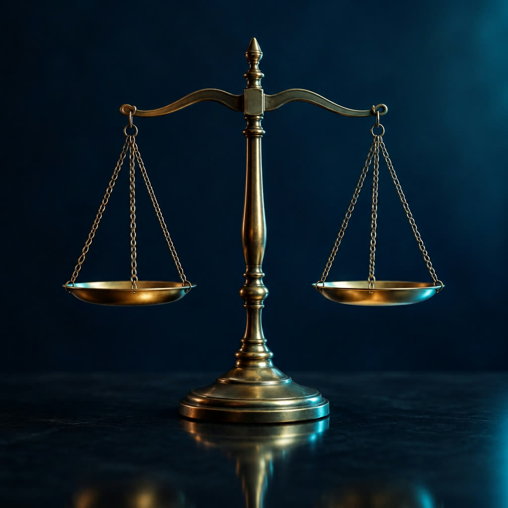 Brass scales of justice lit against a deep navy background