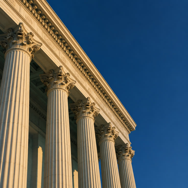 Stone courthouse columns rising against a deep blue sky