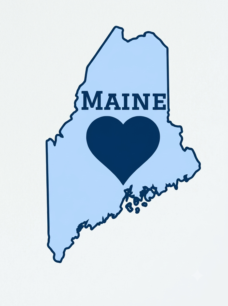 Maine state outline with a heart, symbolizing community care